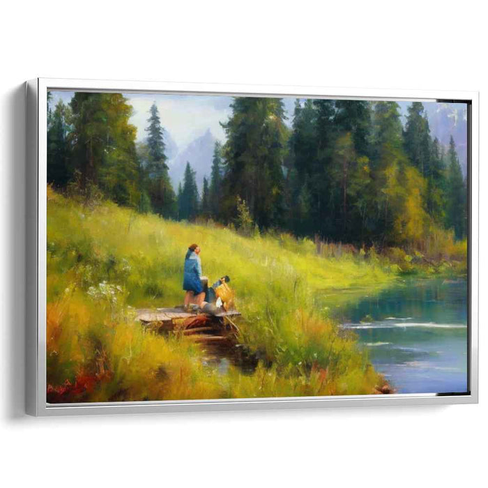 Tranquil Moments: Lakeside Serenity with Woman and Dog Canvas Art Print