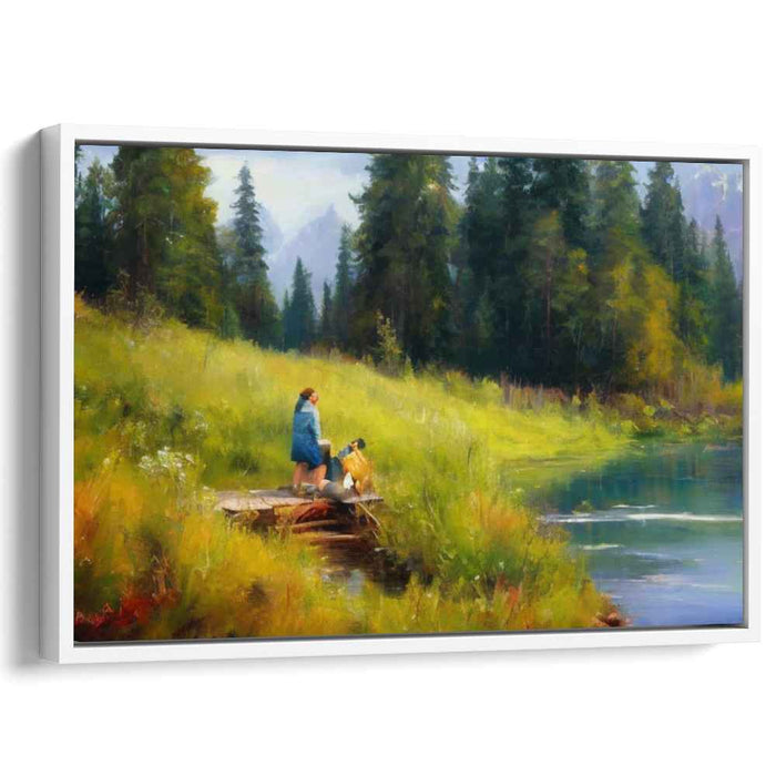 Tranquil Moments: Lakeside Serenity with Woman and Dog Canvas Art Print