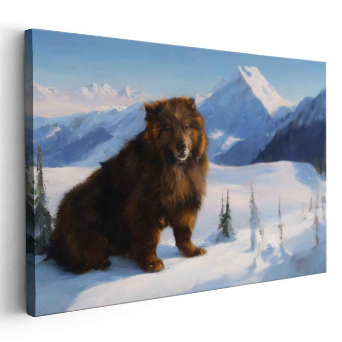 Silent Guardian: Realistic Bear in Snowy Mountain Landscape Canvas Art Print