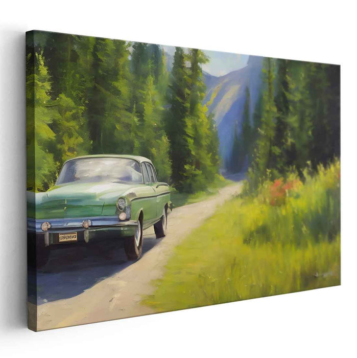 Vintage Escape: Classic Car on a Forest Trail Canvas Art Print