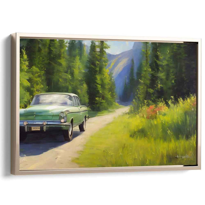 Vintage Escape: Classic Car on a Forest Trail Canvas Art Print