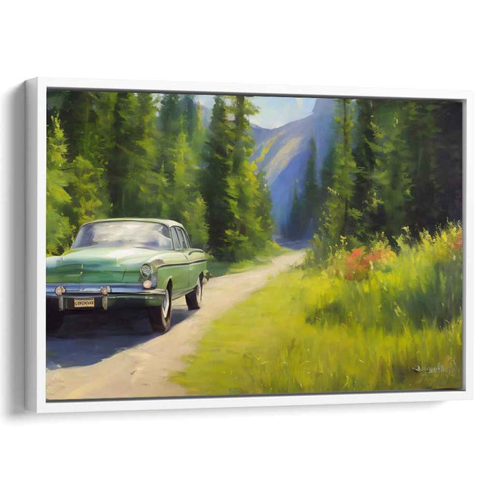 Vintage Escape: Classic Car on a Forest Trail Canvas Art Print