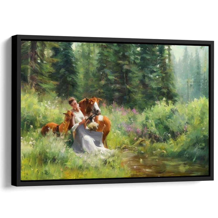 Equine Serenade: Romantic Pastoral Scene with Horses and Maiden