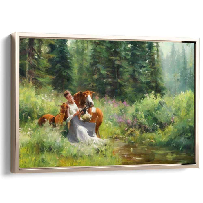 Equine Serenade: Romantic Pastoral Scene with Horses and Maiden