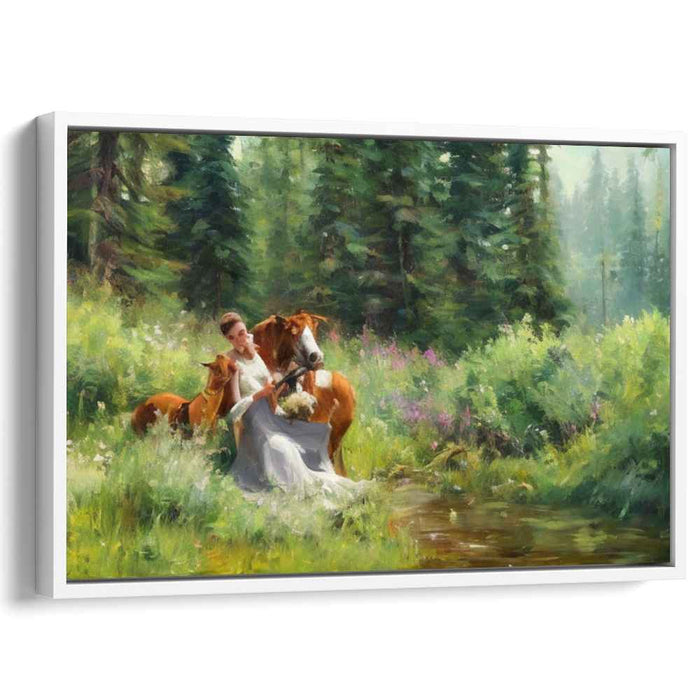 Equine Serenade: Romantic Pastoral Scene with Horses and Maiden