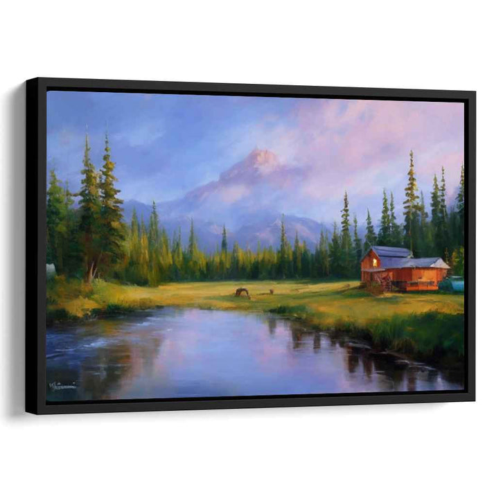 Riverside Retreat Reverie: Tranquil Landscape with Rustic Cabin and River