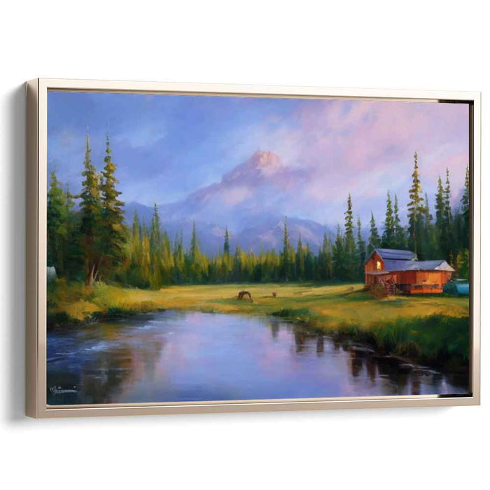 Riverside Retreat Reverie: Tranquil Landscape with Rustic Cabin and River