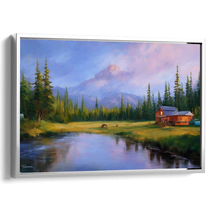 Riverside Retreat Reverie: Tranquil Landscape with Rustic Cabin and River