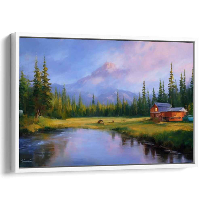 Riverside Retreat Reverie: Tranquil Landscape with Rustic Cabin and River