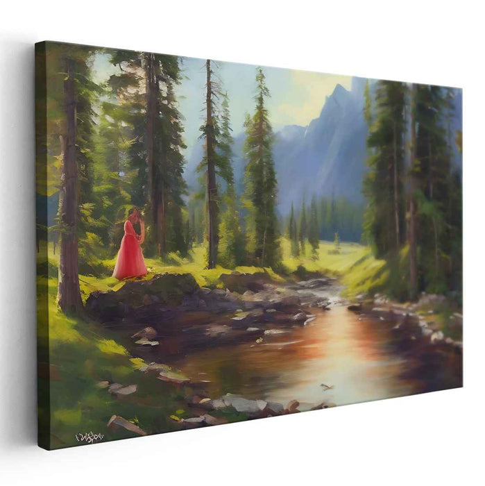 Crimson Serenity Enclave: Tranquil Forest Stream with Lady in Red Canvas Art Print