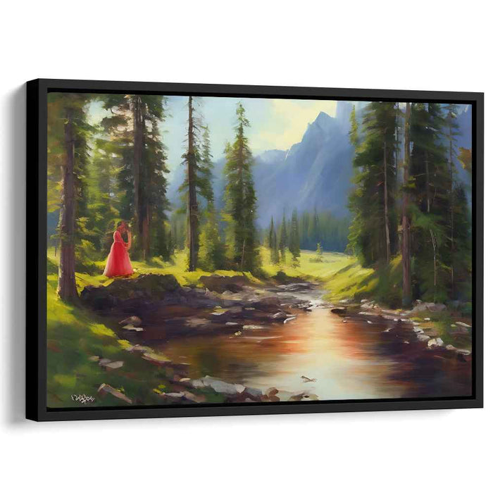 Crimson Serenity Enclave: Tranquil Forest Stream with Lady in Red Canvas Art Print