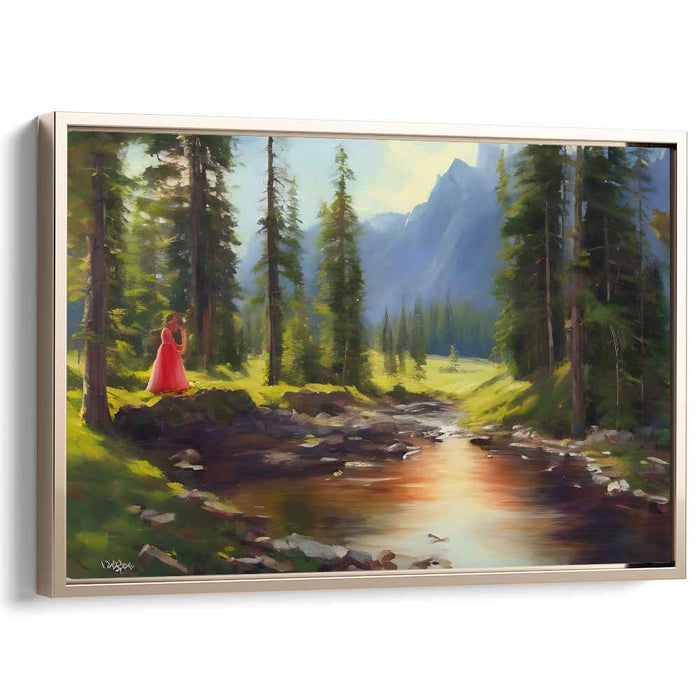 Crimson Serenity Enclave: Tranquil Forest Stream with Lady in Red Canvas Art Print