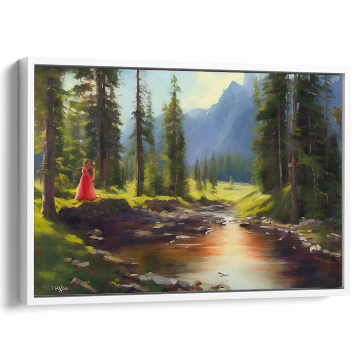 Crimson Serenity Enclave: Tranquil Forest Stream with Lady in Red Canvas Art Print