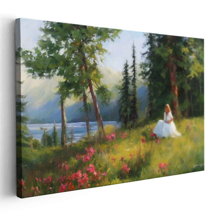 Nature's Silent Muse: Romantic Realist Painting of Woman in Nature