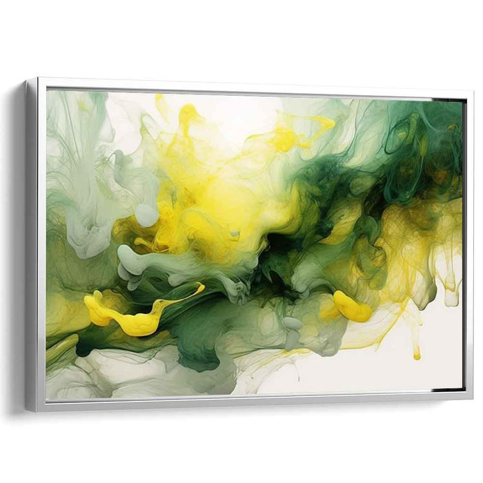 Chronicles of Luminous Whirls: Abstract Green and Yellow Fluid Dynamics Canvas Art