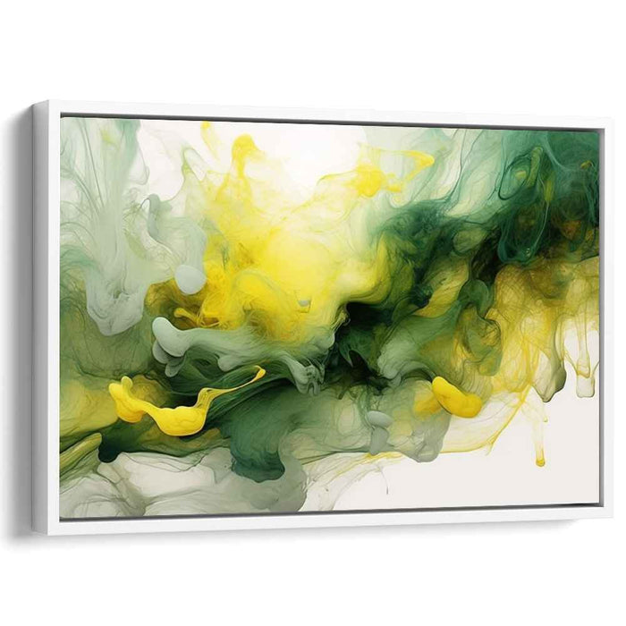 Chronicles of Luminous Whirls: Abstract Green and Yellow Fluid Dynamics Canvas Art