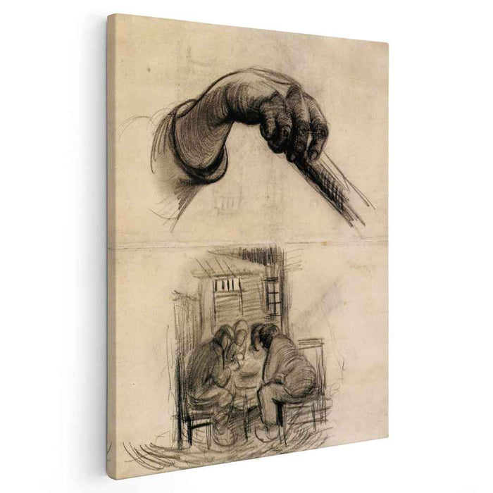 Hand with a Stick, and Four People Sharing a Meal by Vincent van Gogh