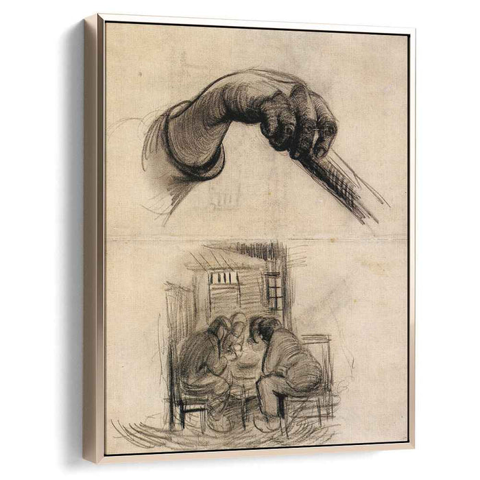 Hand with a Stick, and Four People Sharing a Meal by Vincent van Gogh