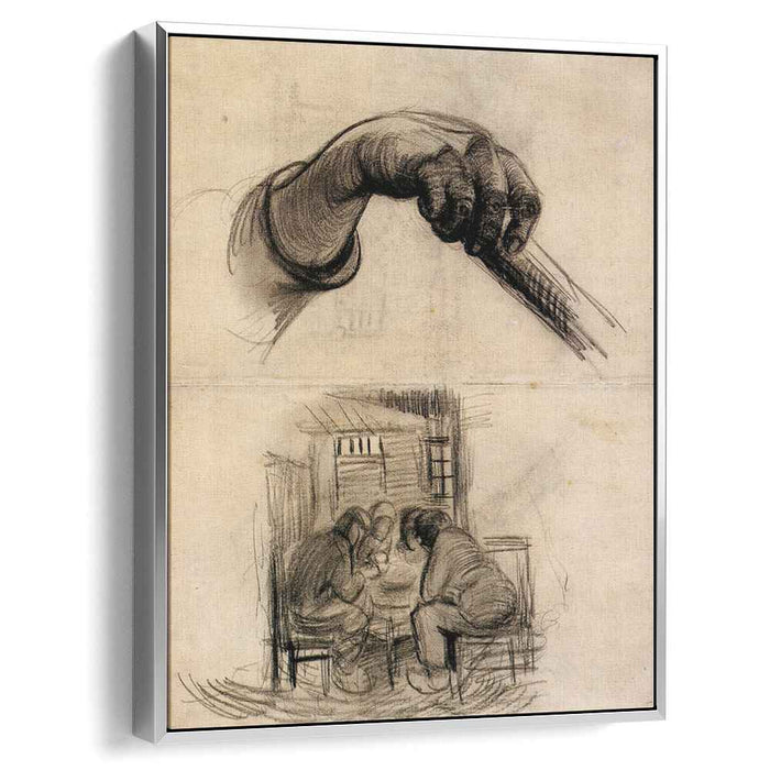 Hand with a Stick, and Four People Sharing a Meal by Vincent van Gogh