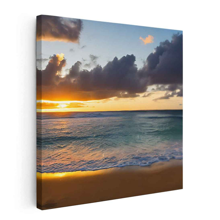 Serenity Seashore Twilight Mirage: Tranquil Beach Sunset Canvas Art
