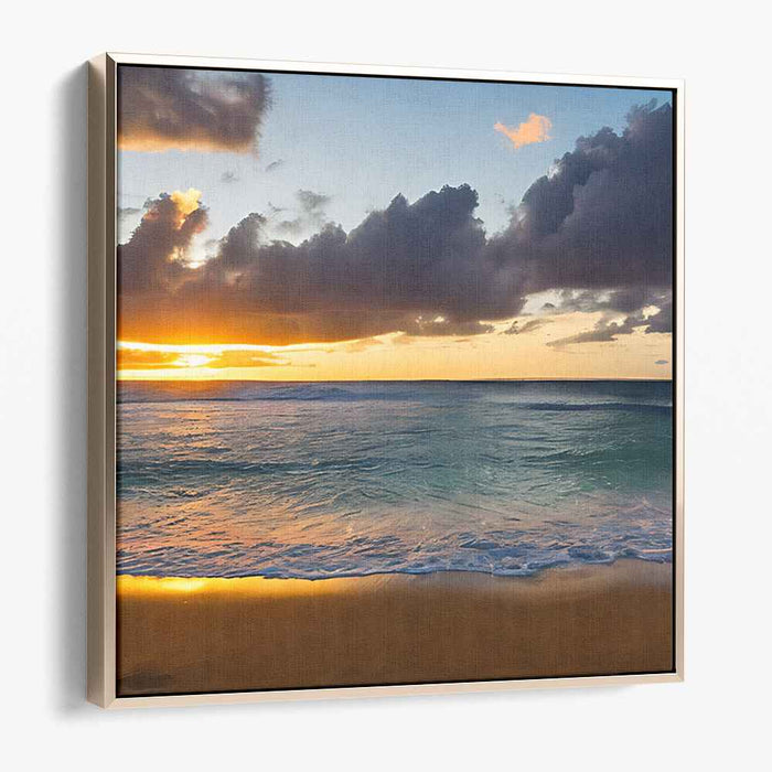 Serenity Seashore Twilight Mirage: Tranquil Beach Sunset Canvas Art