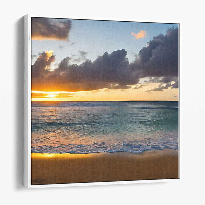Serenity Seashore Twilight Mirage: Tranquil Beach Sunset Canvas Art