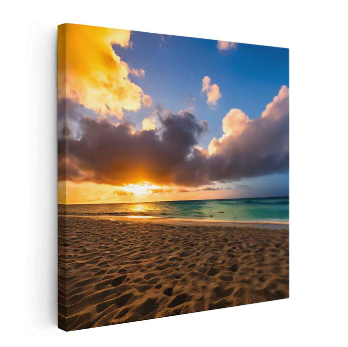 Ethereal Sands Glow: Tranquil Beach Sunset Canvas Art Print