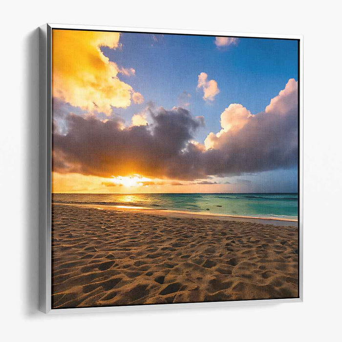 Ethereal Sands Glow: Tranquil Beach Sunset Canvas Art Print