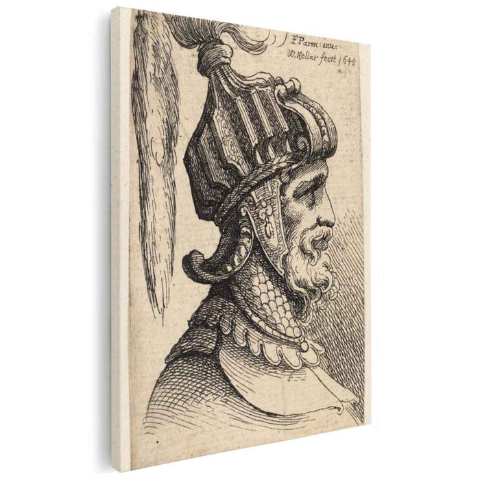 Helmet with long plume and chin strap by Parmigianino