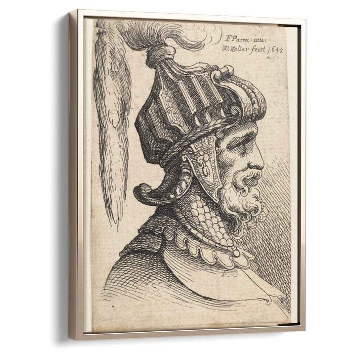 Helmet with long plume and chin strap by Parmigianino