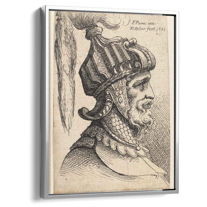 Helmet with long plume and chin strap by Parmigianino