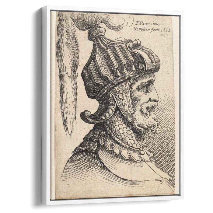 Helmet with long plume and chin strap by Parmigianino