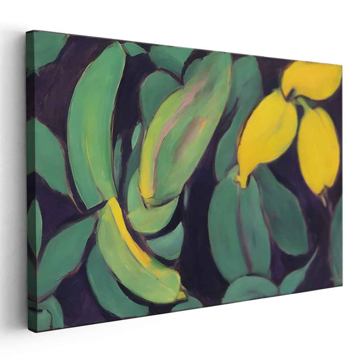 Sunshine Stillness: Vibrant Banana and Leaf Still Life Canvas Art Print