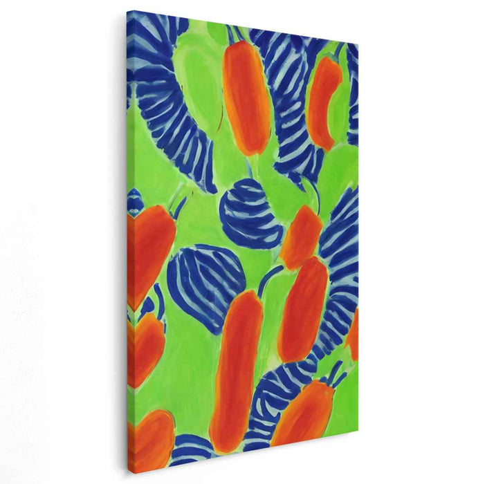 Vibrant Rhythm: Abstract Peppers on Neon Green Canvas Art Print