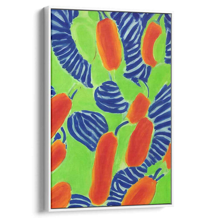 Vibrant Rhythm: Abstract Peppers on Neon Green Canvas Art Print