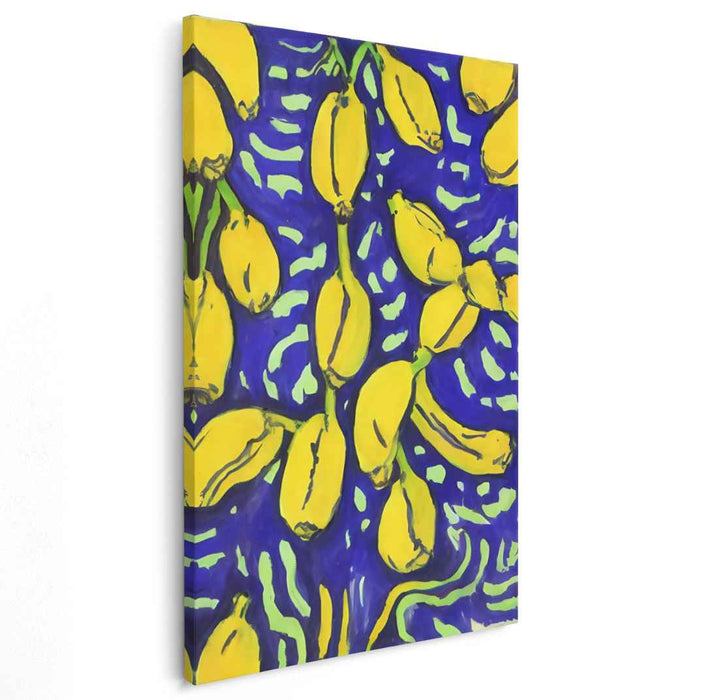 Bold Yellow Elegance: Vibrant Banana Still Life on Bold Blue Canvas