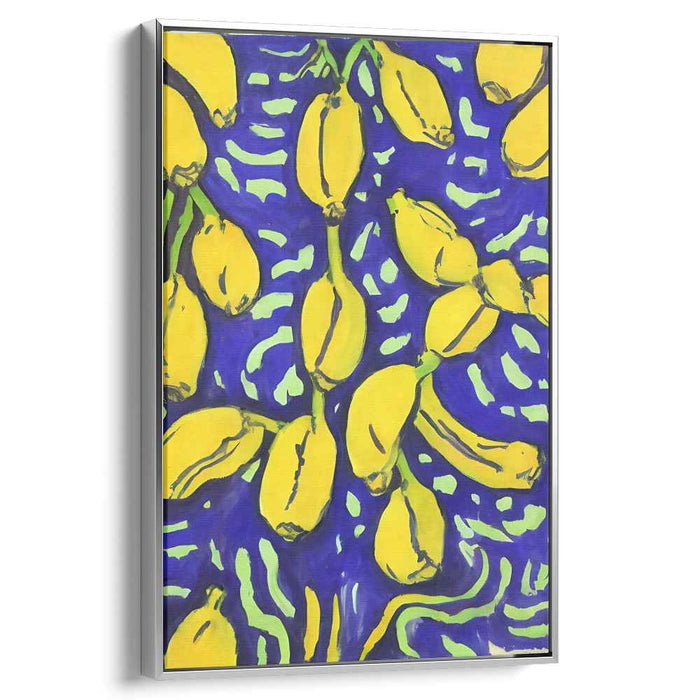 Bold Yellow Elegance: Vibrant Banana Still Life on Bold Blue Canvas