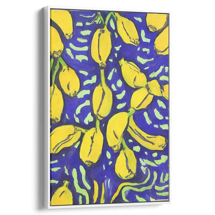 Bold Yellow Elegance: Vibrant Banana Still Life on Bold Blue Canvas