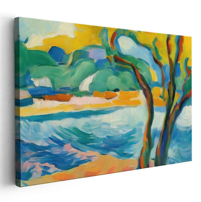 Colorful Meadow Reflections: Fauvist Landscape with Tree and Water