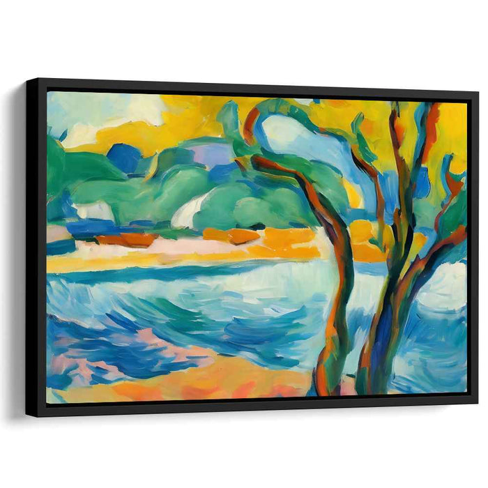 Colorful Meadow Reflections: Fauvist Landscape with Tree and Water