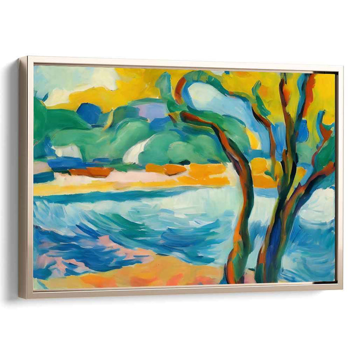Colorful Meadow Reflections: Fauvist Landscape with Tree and Water