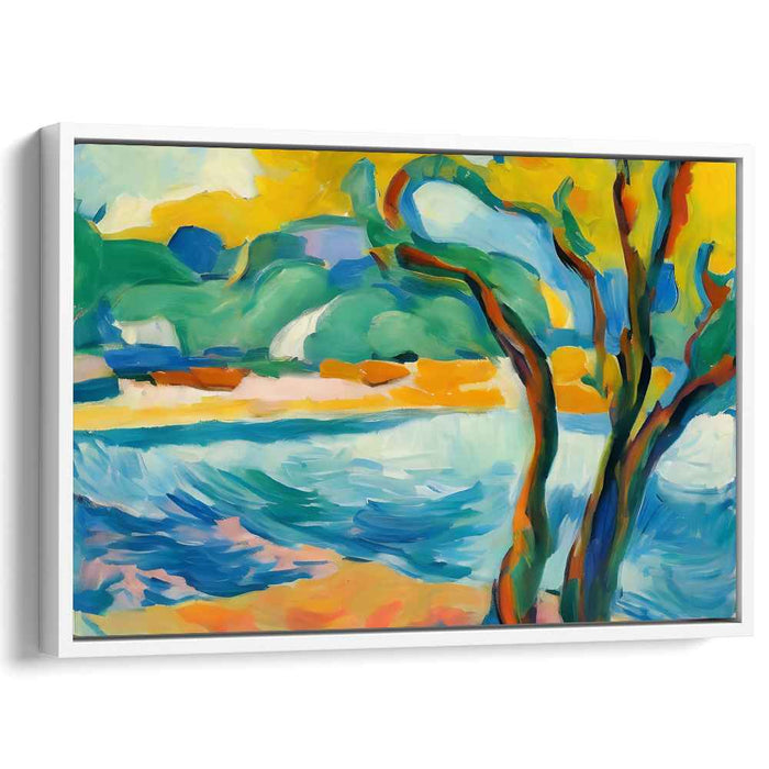 Colorful Meadow Reflections: Fauvist Landscape with Tree and Water