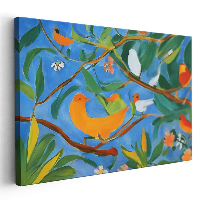 Whispers Of Rainbow Feathers: Vibrant Birds in Lush Foliage Canvas Art Print