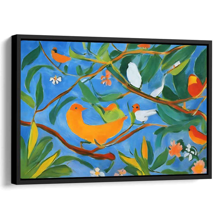 Whispers Of Rainbow Feathers: Vibrant Birds in Lush Foliage Canvas Art Print