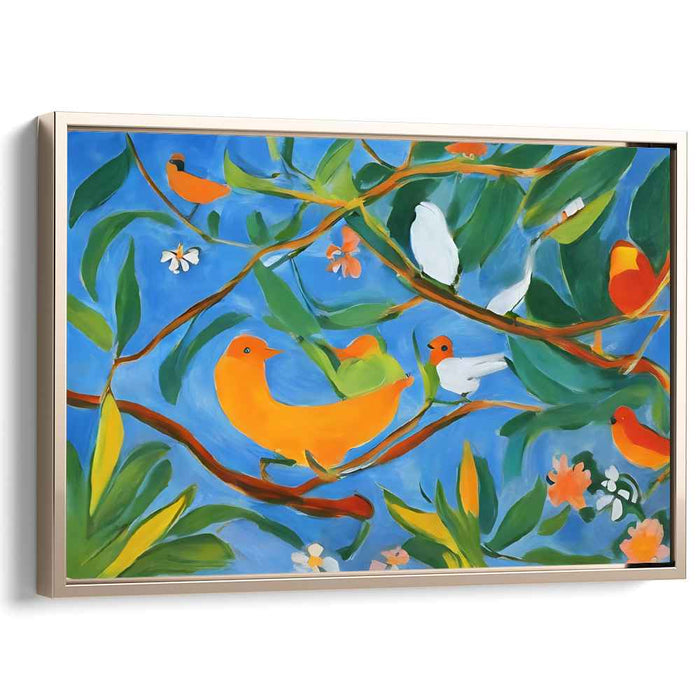 Whispers Of Rainbow Feathers: Vibrant Birds in Lush Foliage Canvas Art Print