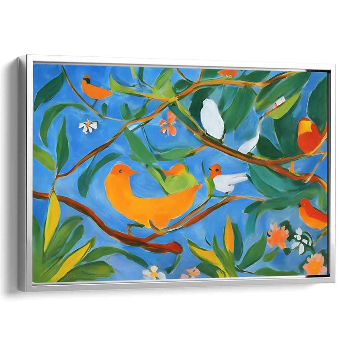 Whispers Of Rainbow Feathers: Vibrant Birds in Lush Foliage Canvas Art Print