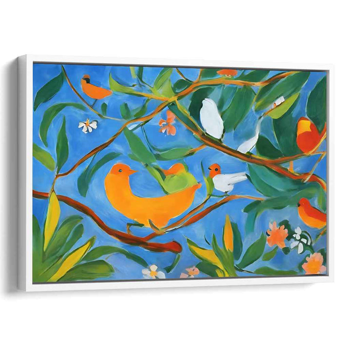 Whispers Of Rainbow Feathers: Vibrant Birds in Lush Foliage Canvas Art Print