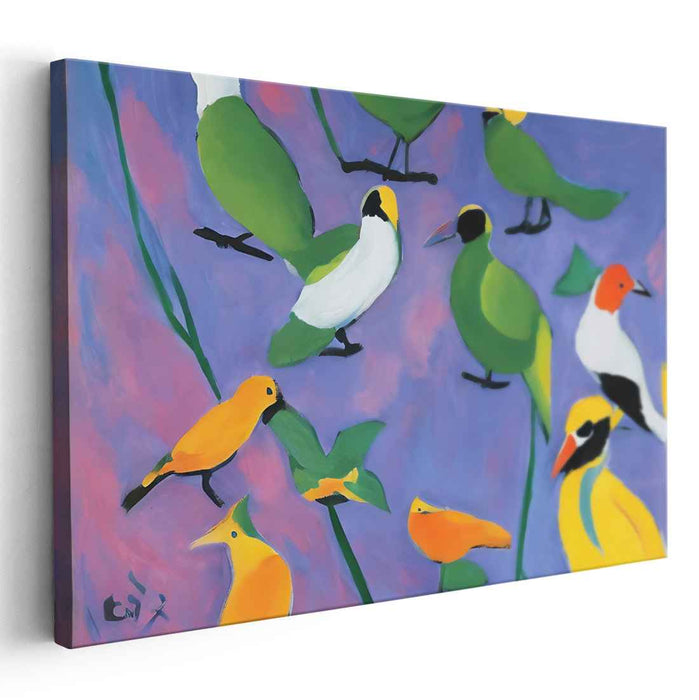 Whimsical Feathered Symphony: Vibrant Birds on a Dreamy Pastel Canvas