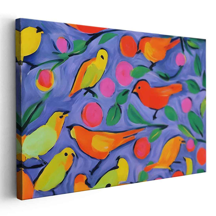 Rainbow Feathers Flight Dance: A Burst of Colorful Birds on Canvas