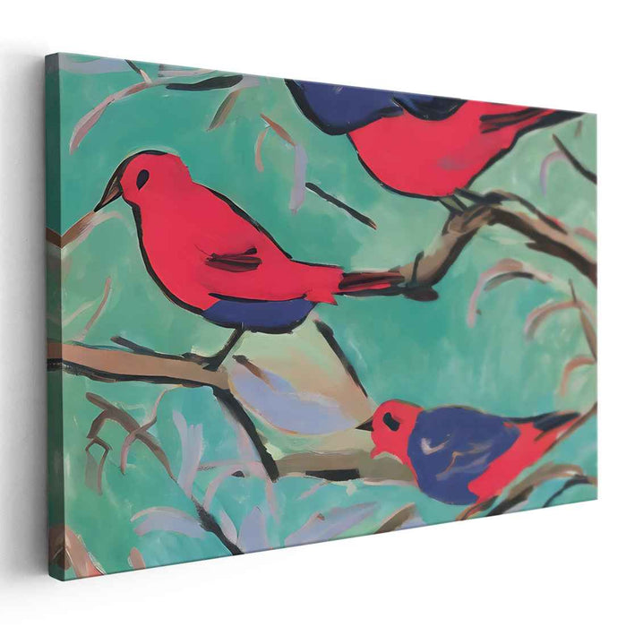 Avian Abstract Perch: Expressionist Birds on Branches Canvas Art Print